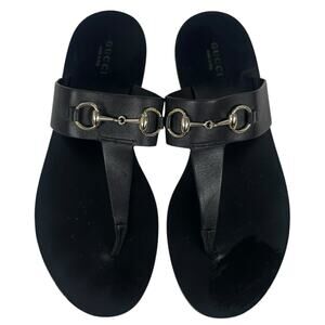 Gucci Horsebit Calf Leather Thong Sandal Slide Black Silver Size 37.5